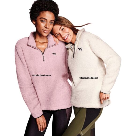 #T5  Victoria's Secret Pink Sherpa Boyfriend Quarter Zip Sweater Pullover M $79 - Picture 2 of 16